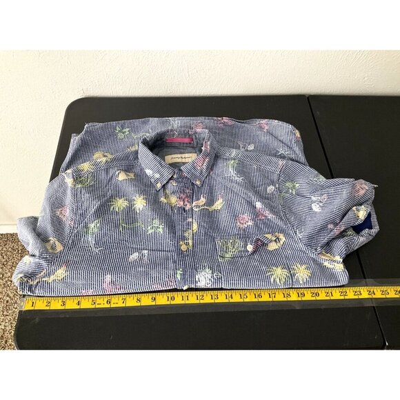 Tommy Bahama Shirt Men M Cotton Button Down‎ Striped Print Travel Vacation - Picture 12 of 13